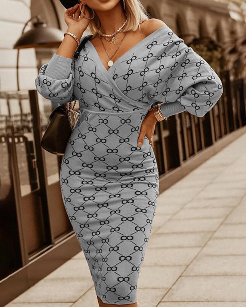

All Over Print Wrap Long Sleeve Dress, Gray