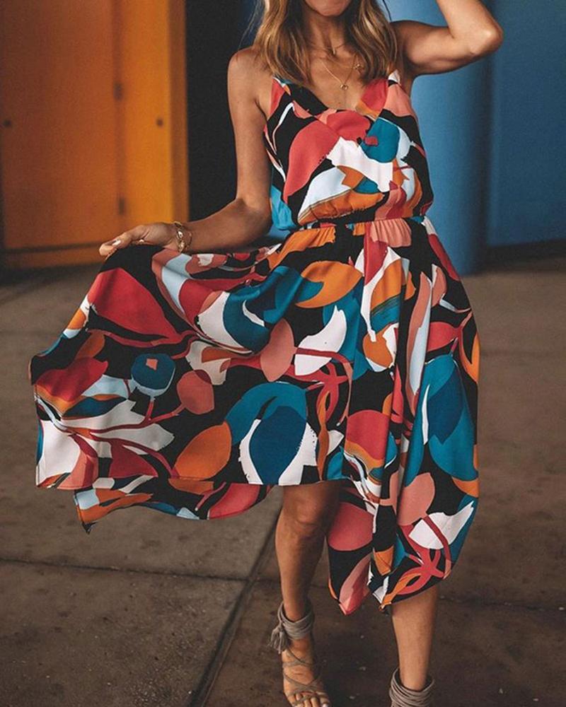 

V-neck Print Open Back Casual Dress, Multicolor