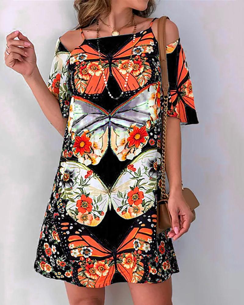 

Butterfly Print Cold Shoulder Backless Dress, Black
