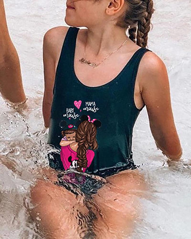 

Mommy & me Letter Figure Print U-Neck One Piece Swimsuit For Kids, Black