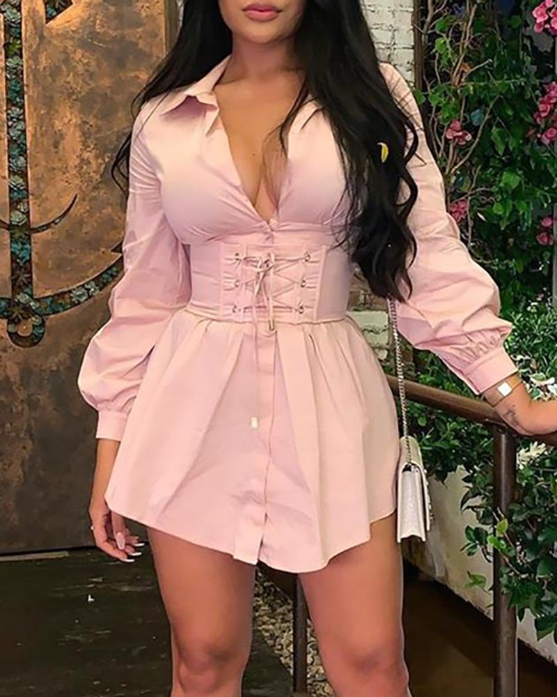 solid long sleeve tight waist buttoned shirt dress