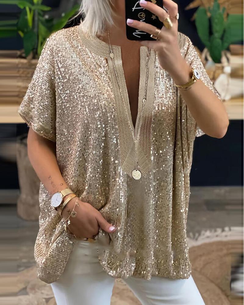 

Sequins Plunge Short Sleeve Top, Gold