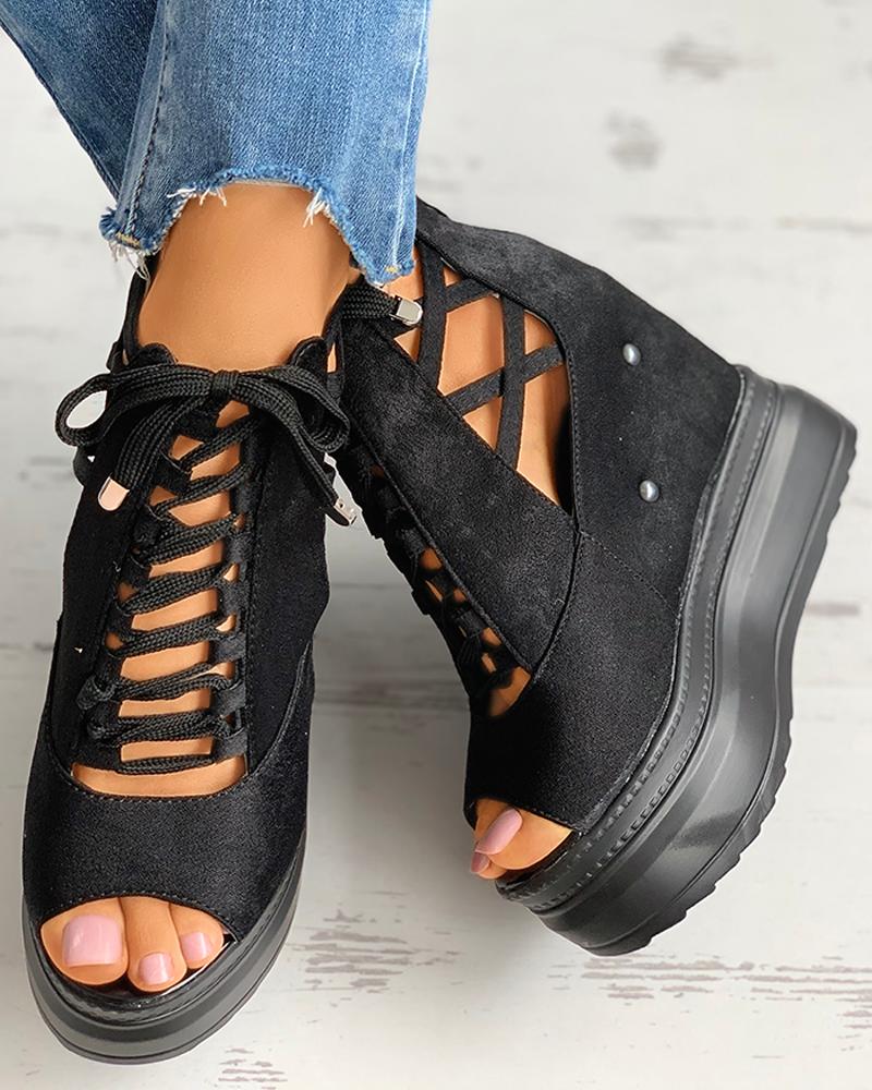 

Peep Toe Lace Up Platform Wedges, Black