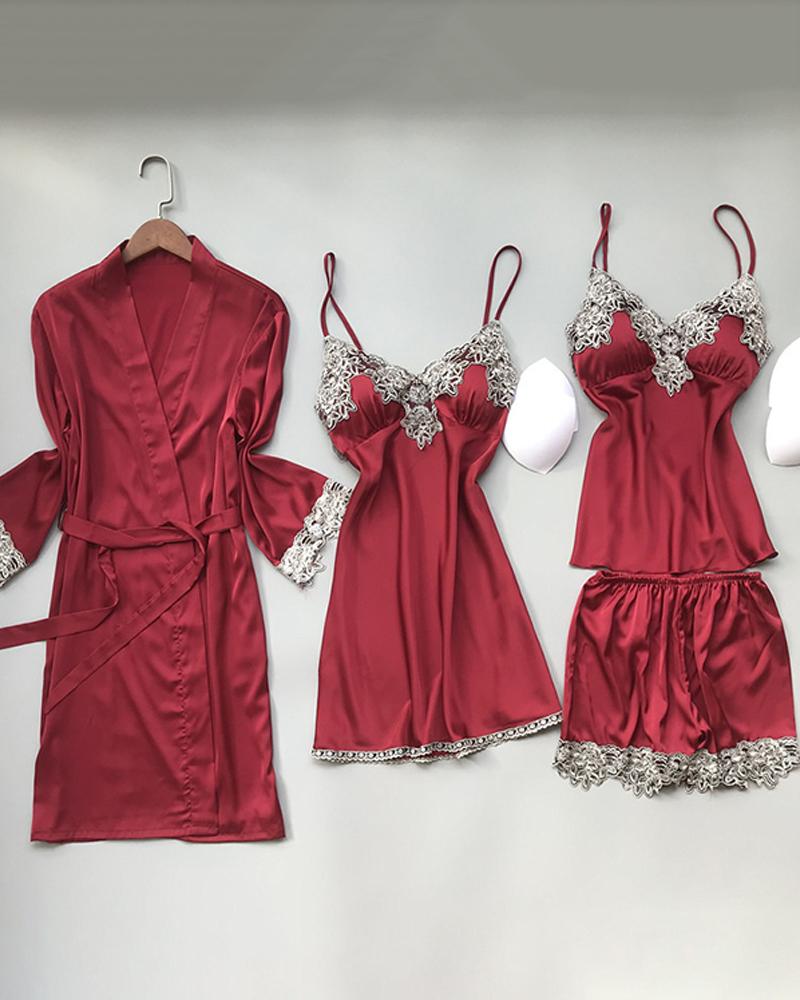 

Splicing Lace Trim Satin 4PCS Sleepwear Set, Wine red