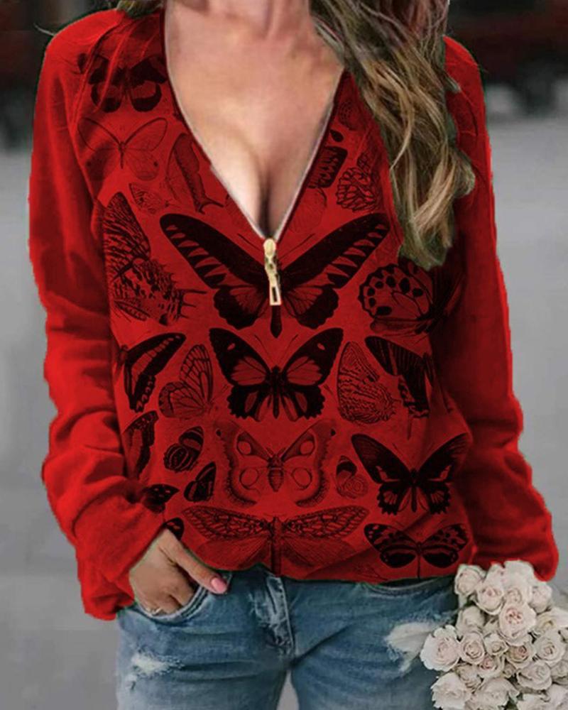 

Butterflies Print Long Sleeve Splicing Zipper Blouse, Red