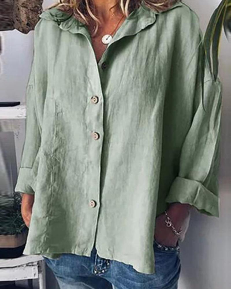 

Cotton and Linen Bat Sleeves Solid Color Casual Shirt, Green