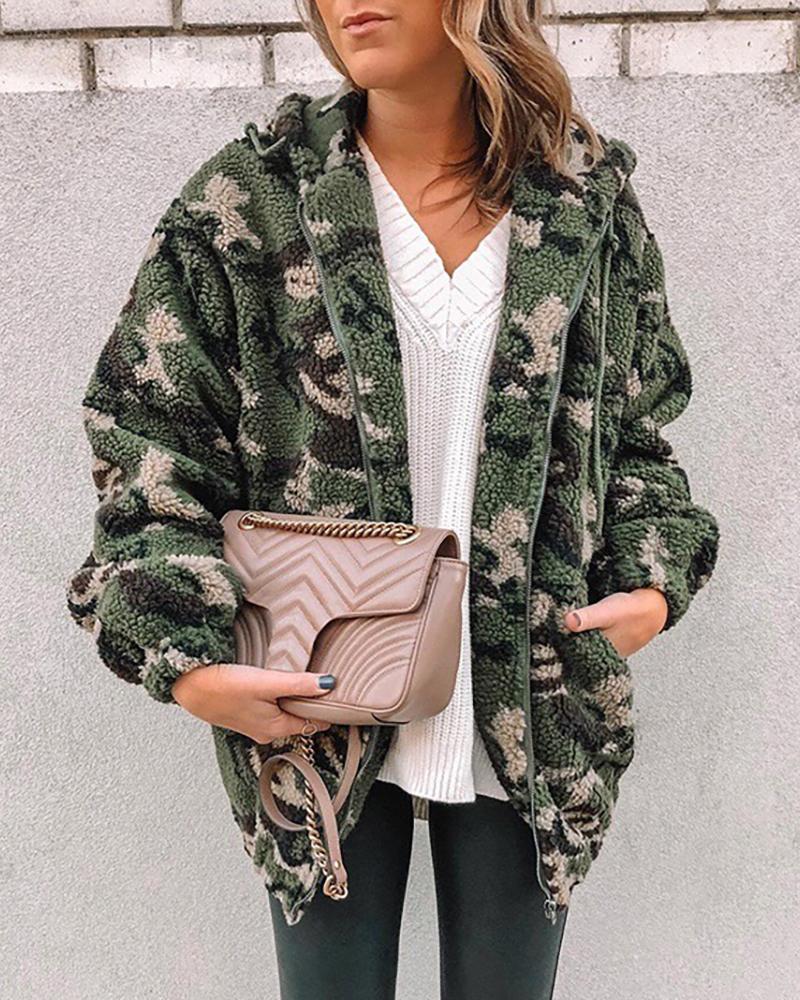 

Camouflage Pocket Design Teddy Hooded Coat, Green