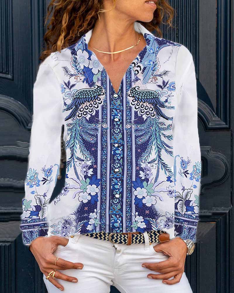 

Floral Patterns Print Long Sleeve Loose Blouse, Blue
