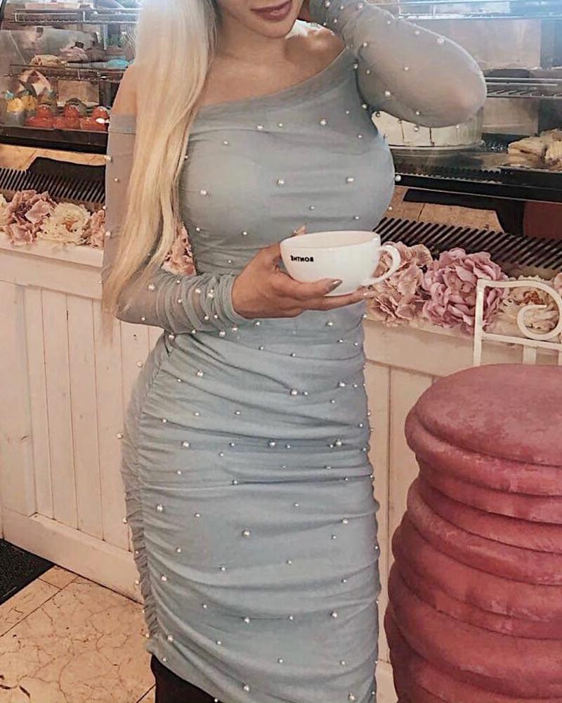 

Beading Off Shoulder Ruched Bodycon Dress, Light blue