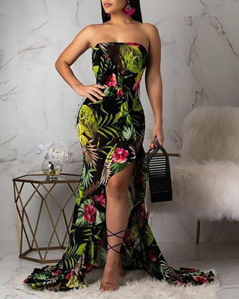 

Ruffled Hem High Split Leaf Print Dress, Multicolor