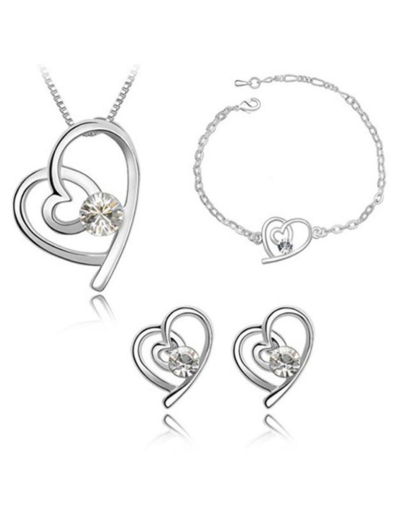 

4PCS Heart Shaped Rhinestone Pendant Necklace & Earrings & Bracelet Set, White
