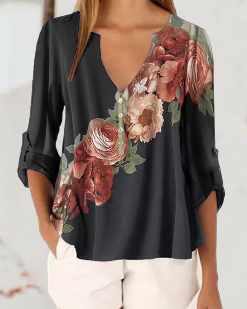 

Floral Print V Neck Long Sleeve Blouse, Black