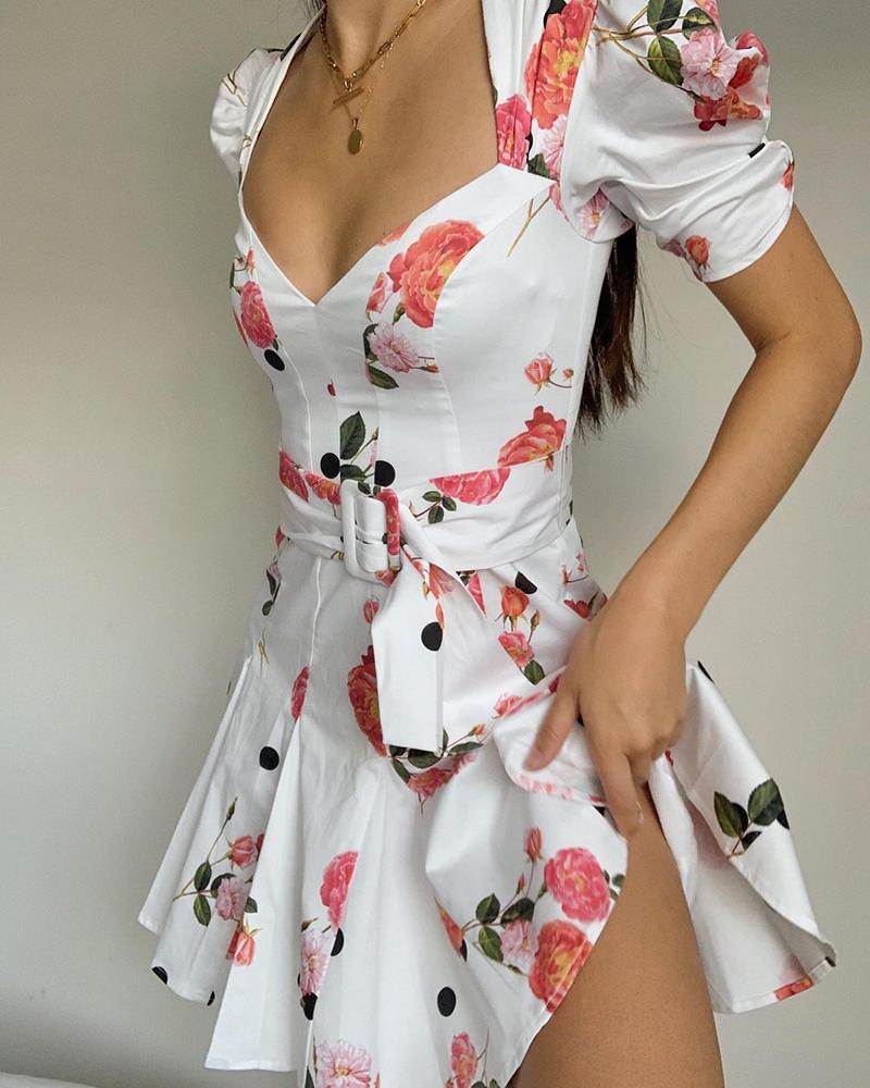 

Floral Print Puffed Sleeve Dress, White