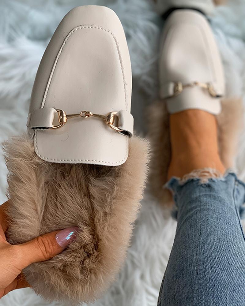 

Close Toe Buckled Fluffy Shoes, Beige