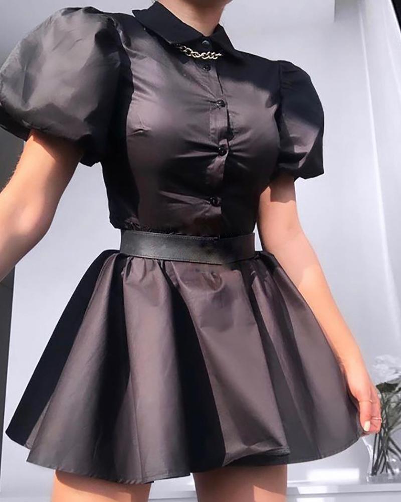 

Plain Puff Sleeve Turn-down Collar A Line Dress, Black