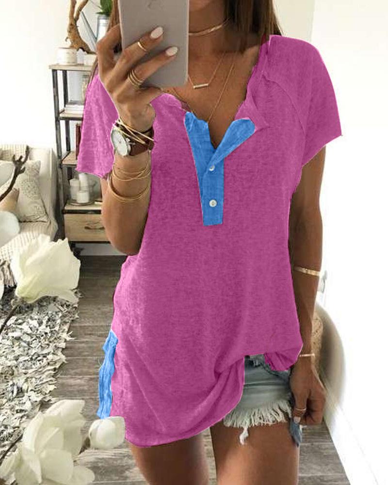 

Half Button Contrast T-Shirt, Wine red