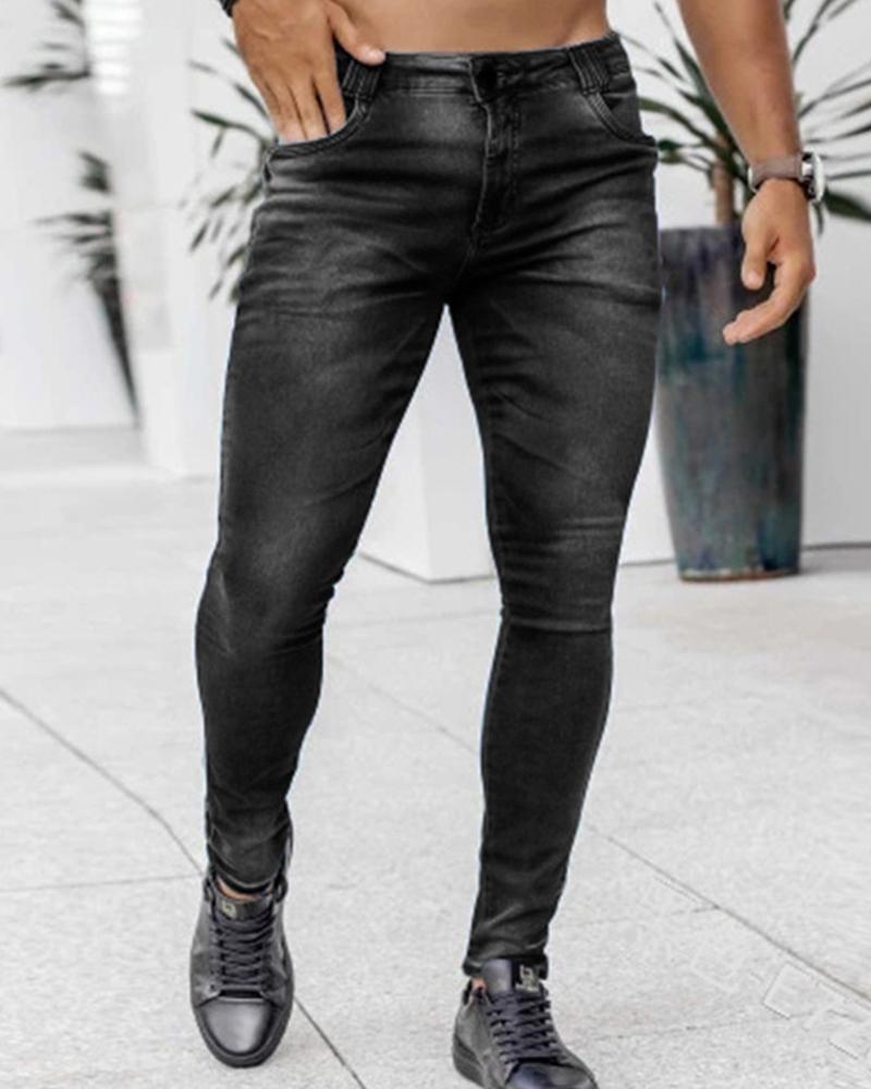 

Solid Slim Washing Effect Denim Feet Pants Jeans, Black