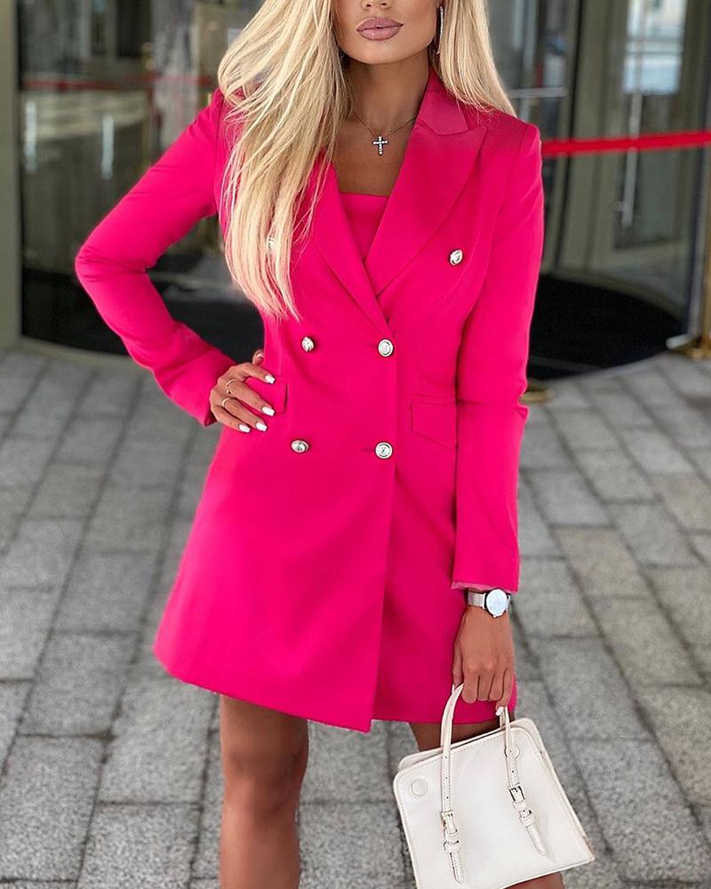 

Solid Long Sleeve Double-breasted Suit Wok Dress, Hot pink