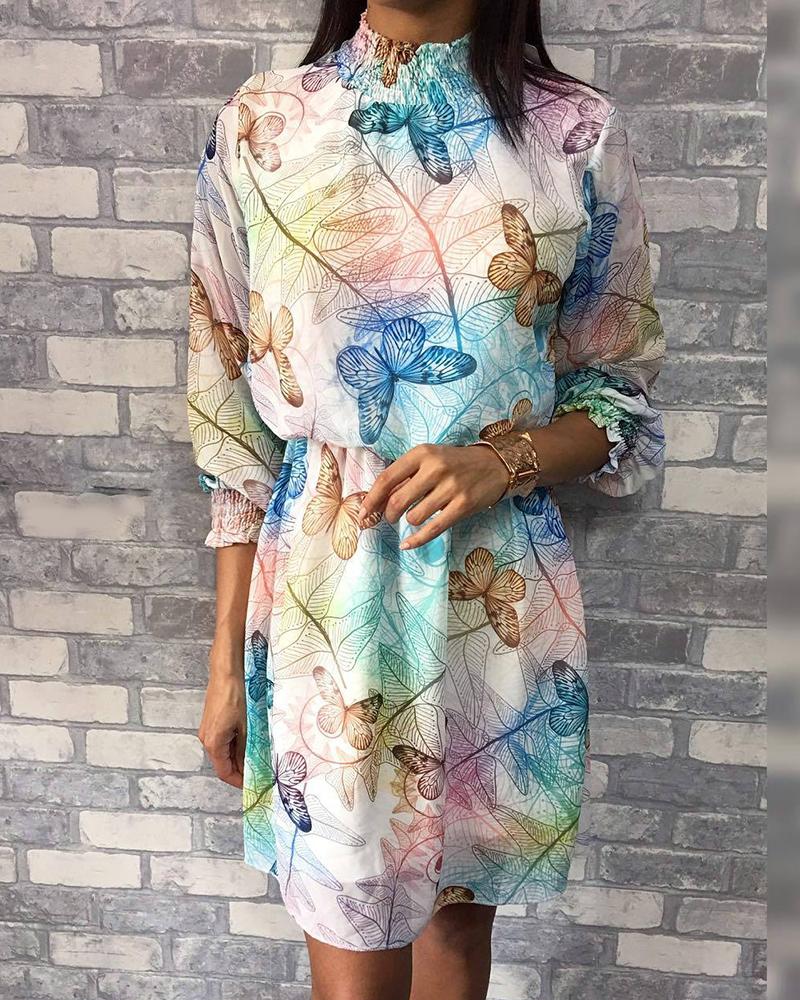 

Shirring Detail Leaf Print Casual Dress, White