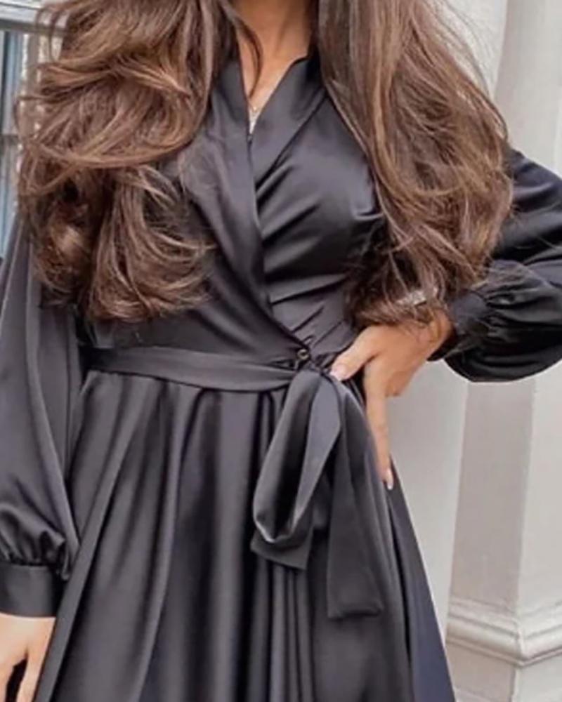 

Lantern Sleeve Satin Casual Dress, Black