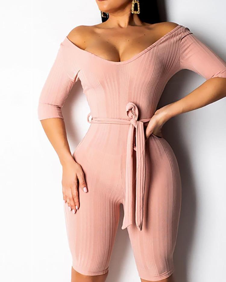 

Off Shoulder Half Sleeve Belted Romper, Pink