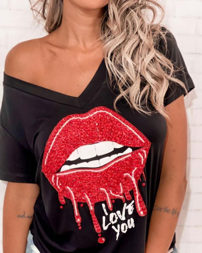 

Lip Letter Print Short Sleeve T-shirt, Black