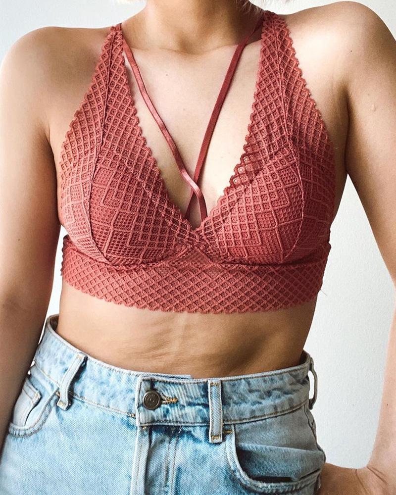 

Lace Bralette Hollow Out Lace Bra Crop Top Wireless Underwear Deep V Push Up Bra, Pink