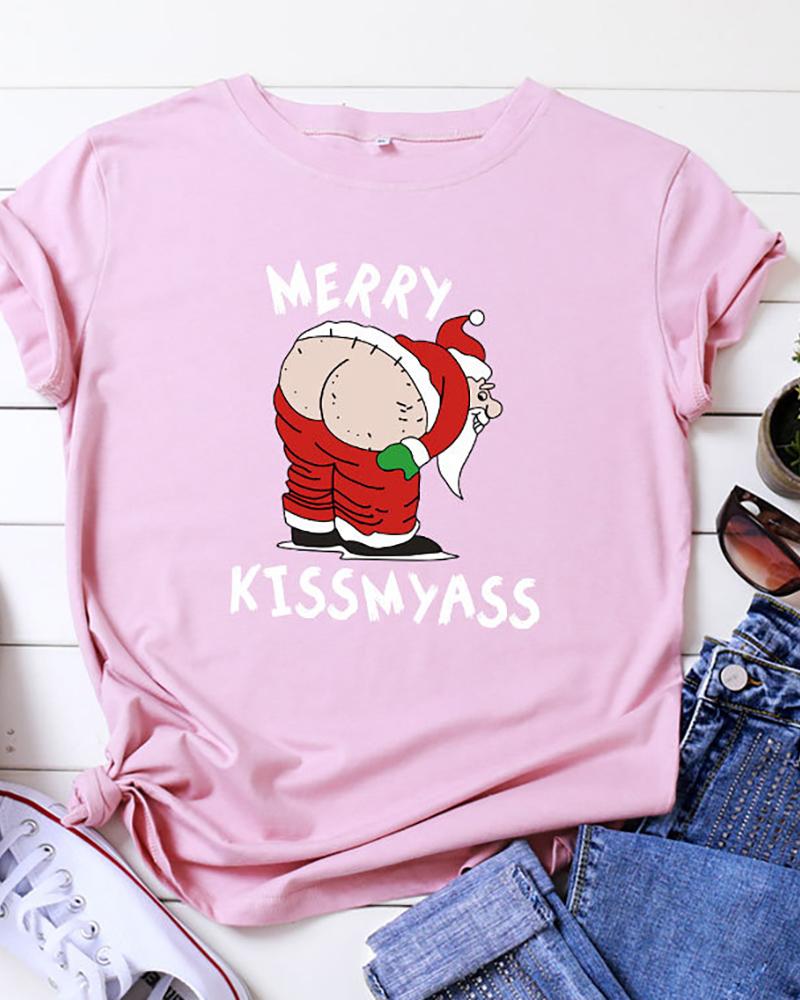 

Christmas Graphic Letter Print T-Shirt, Pink