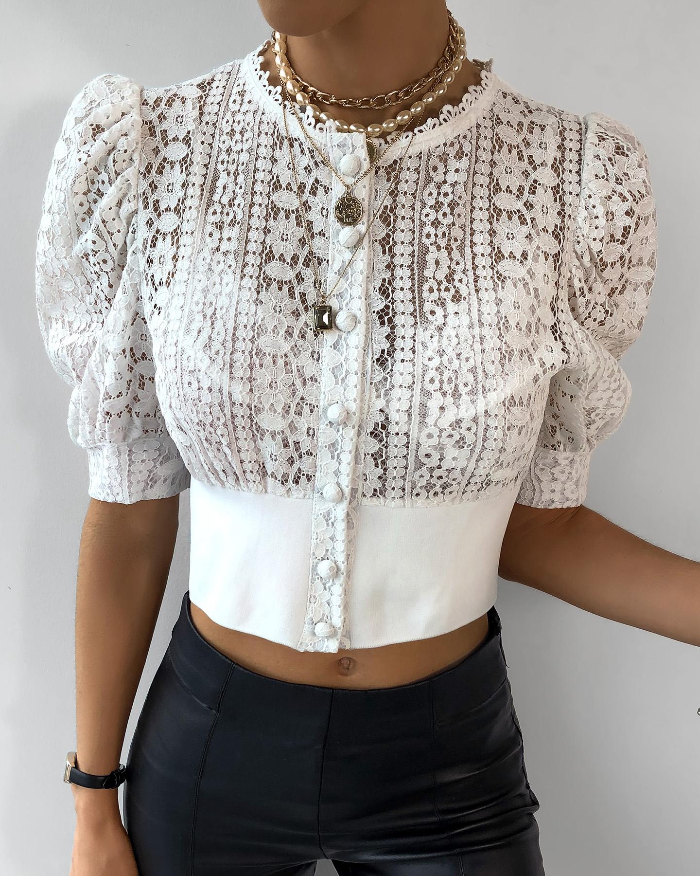 

Sheer Mesh Buttoned Lace Short Sleeve Women Blouse, White
