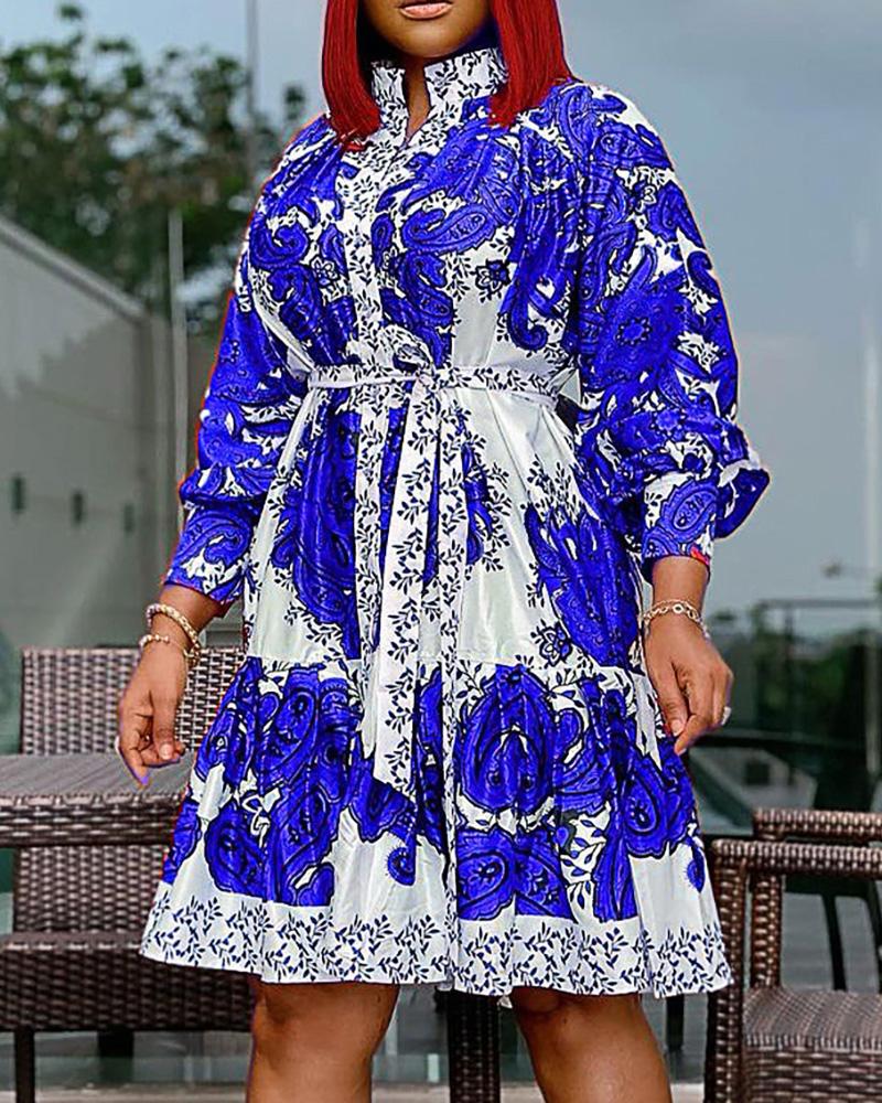 

Paisley Print Long Sleeve Casual Dress, Blue