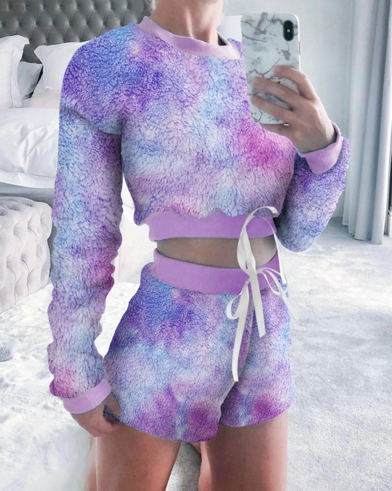 

Star Pattern Fluffy Ribbon Top & Shorts Set, Purple