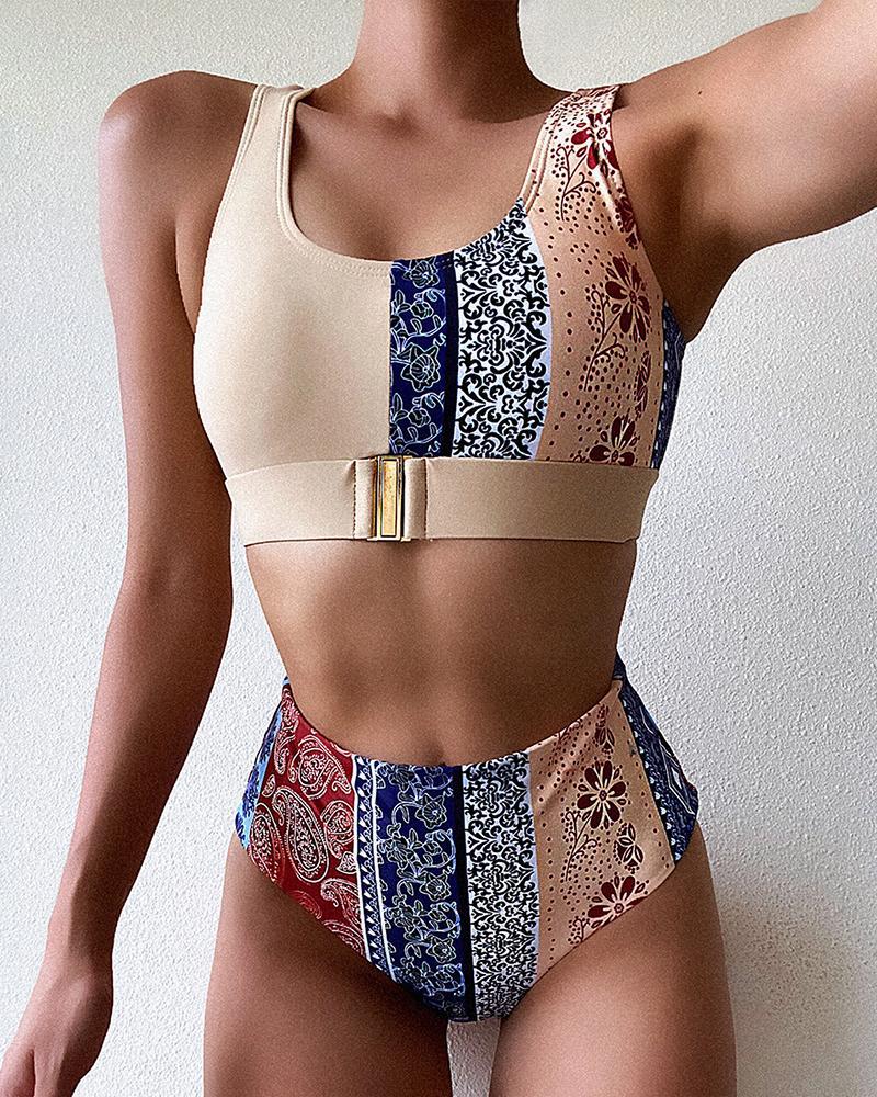 

Retro Print Padded Bikini Set, Nude