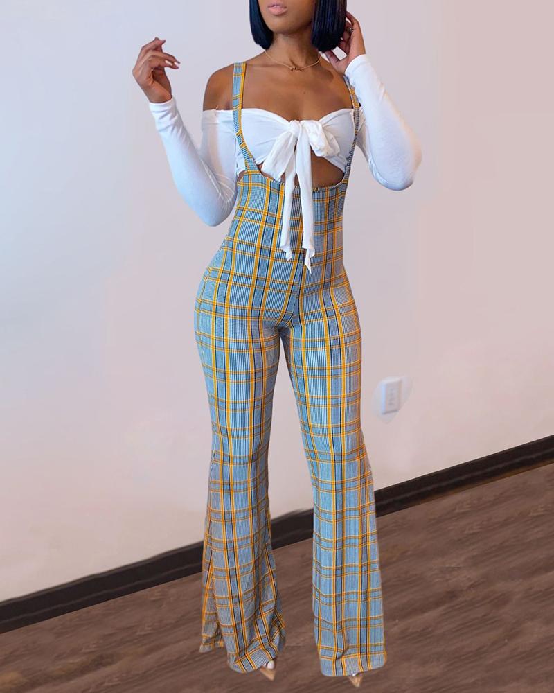 

Off Shoulder Knotted Front Top & Plaid Print Jumpsuit Set, Blue