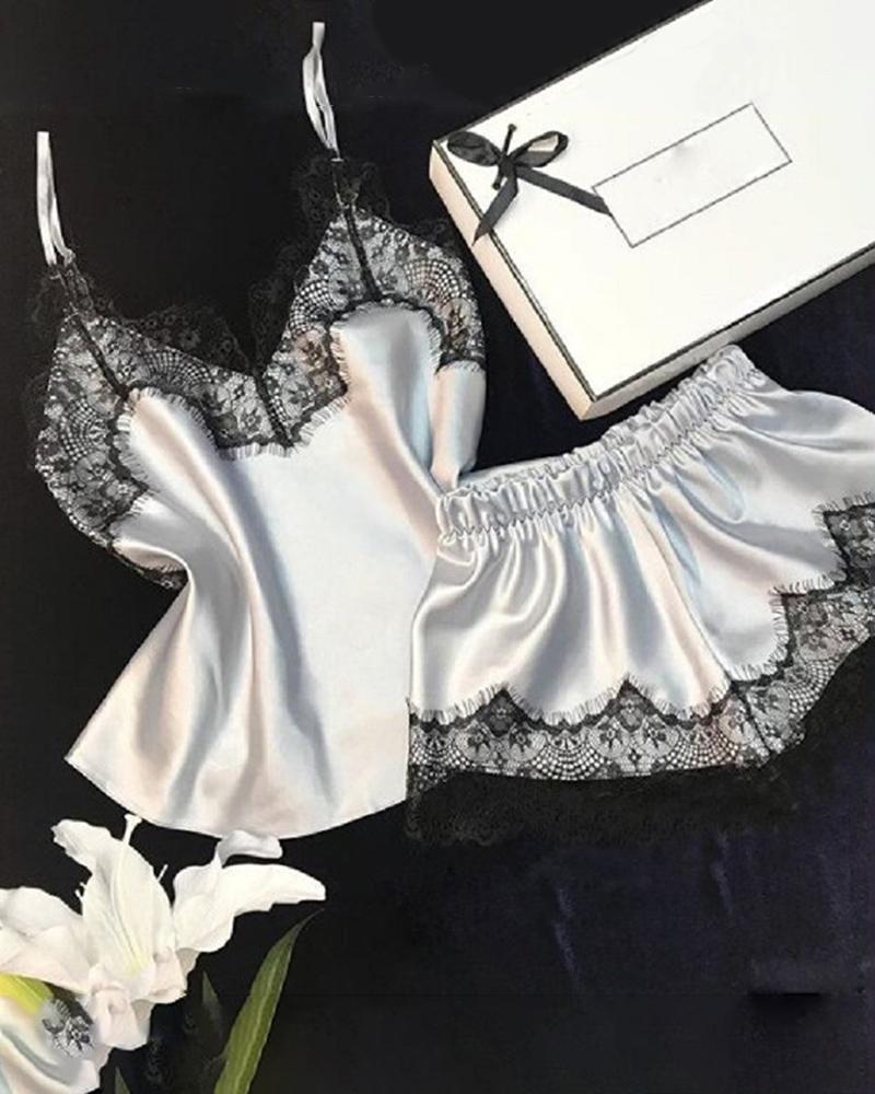 

Spaghetti Strap Lace Trim Satin Cami Set, White