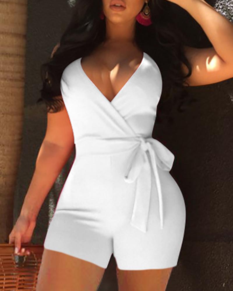 

Solid Color Tie Waist Wrap Romper, White