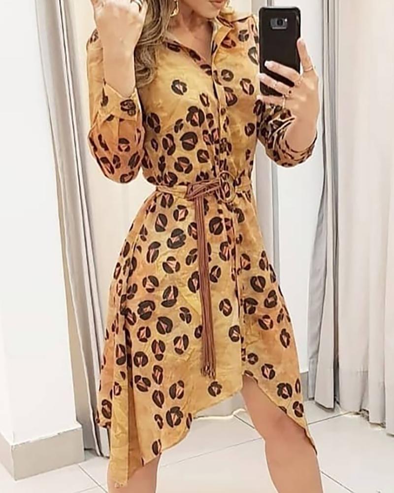 

Cheetah Print Long Sleeve Irregular Shirt Dress, Leopard