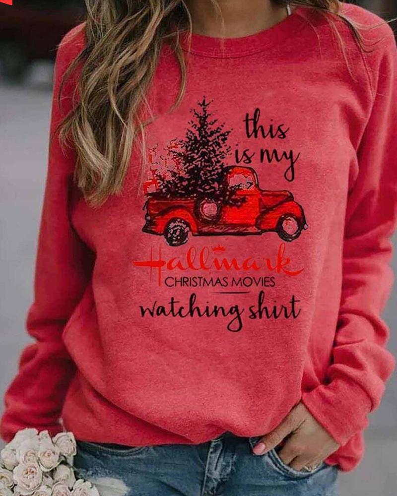

Christmas Long Sleeve Casual Mixed Print Sweatshirt, Red