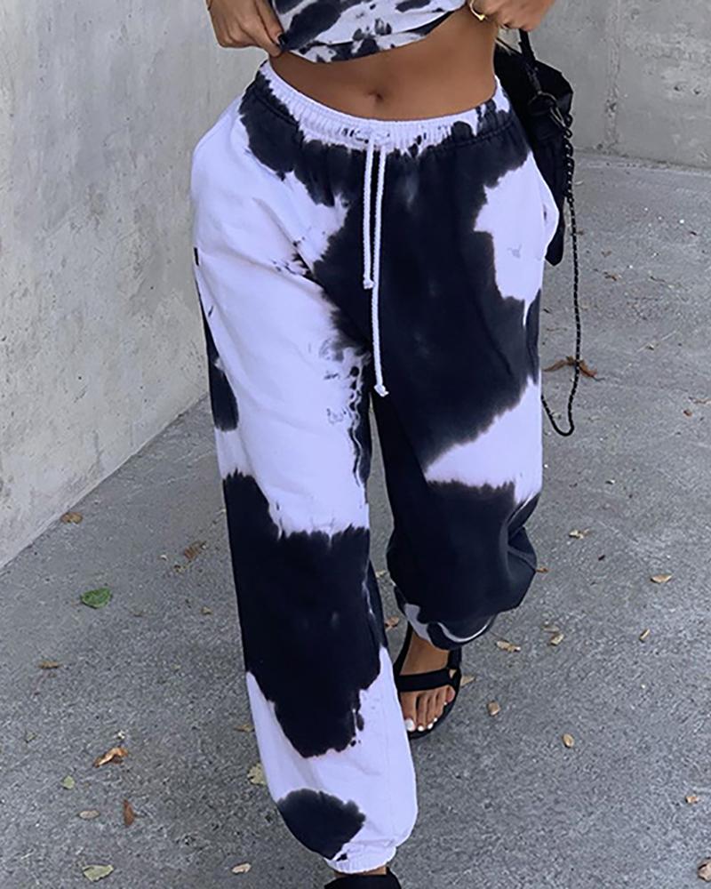 

Tie Dye Print Colorblock Drawstring Casual Pants, Black