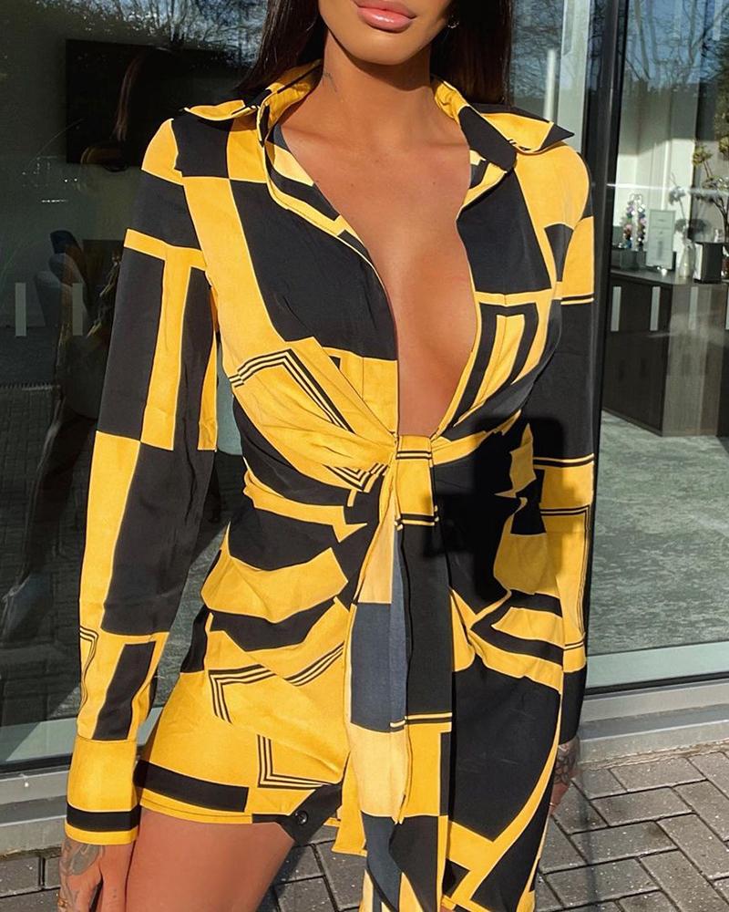 

Colorblock Tied Detail Long Sleeve Shirt Dress, Yellow