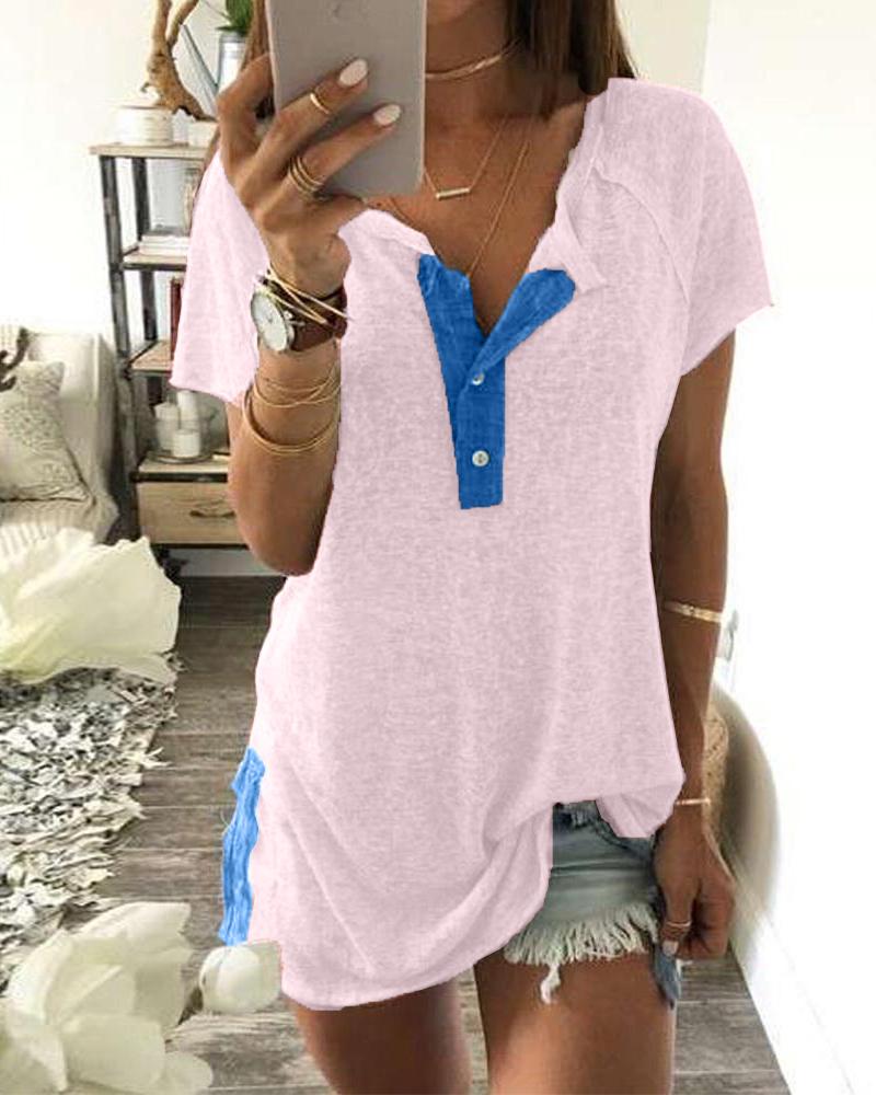 

Half Button Contrast T-Shirt, Pink