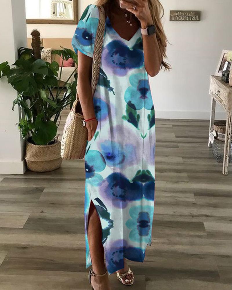 

Floral Print Short Sleeve Slit Loose Midi Dress, Blue