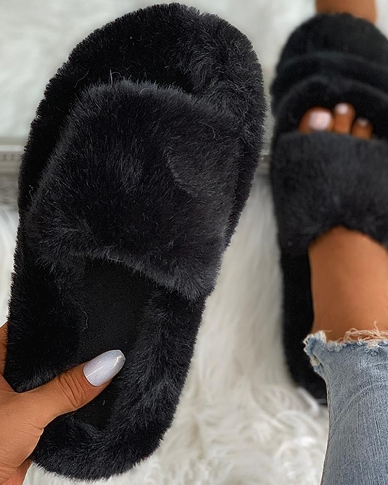 

Plain Peep Toe Fluffy Slippers, Black