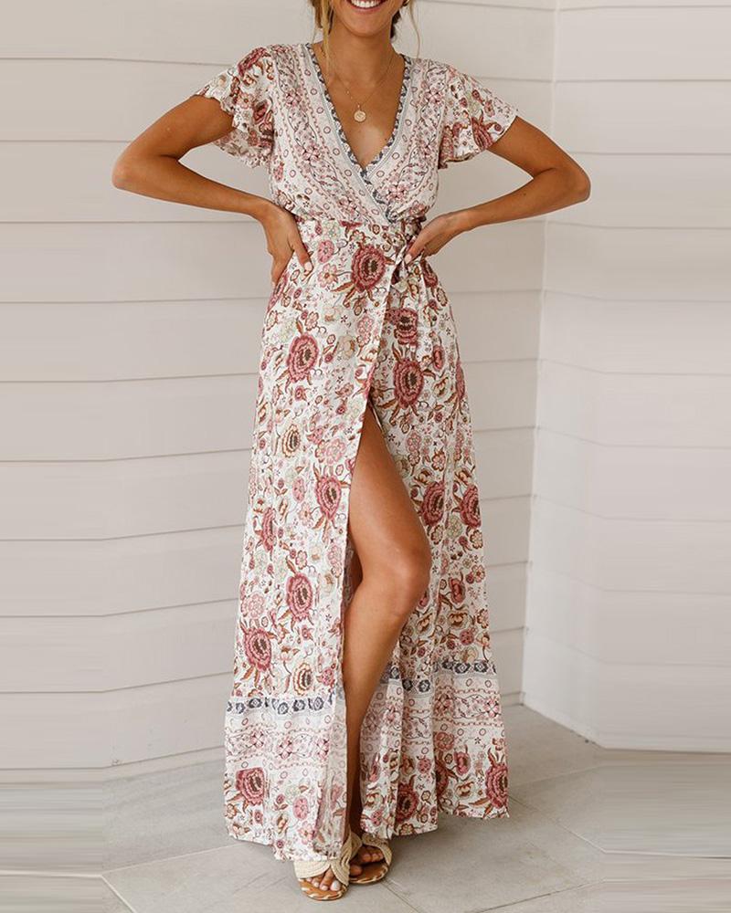 

Surplice Neck Floral Print Short Sleeve High Slit Maxi Dress, White