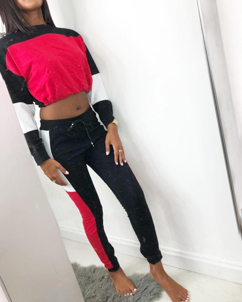 

Round Neck Colorblock Insert Top & Drawstring Pants Sets, Red