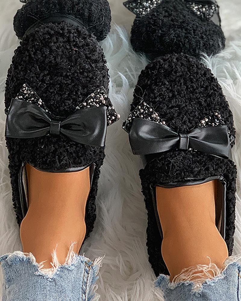 

Bowknot Detail Sequins Fluffy Shoes, Black