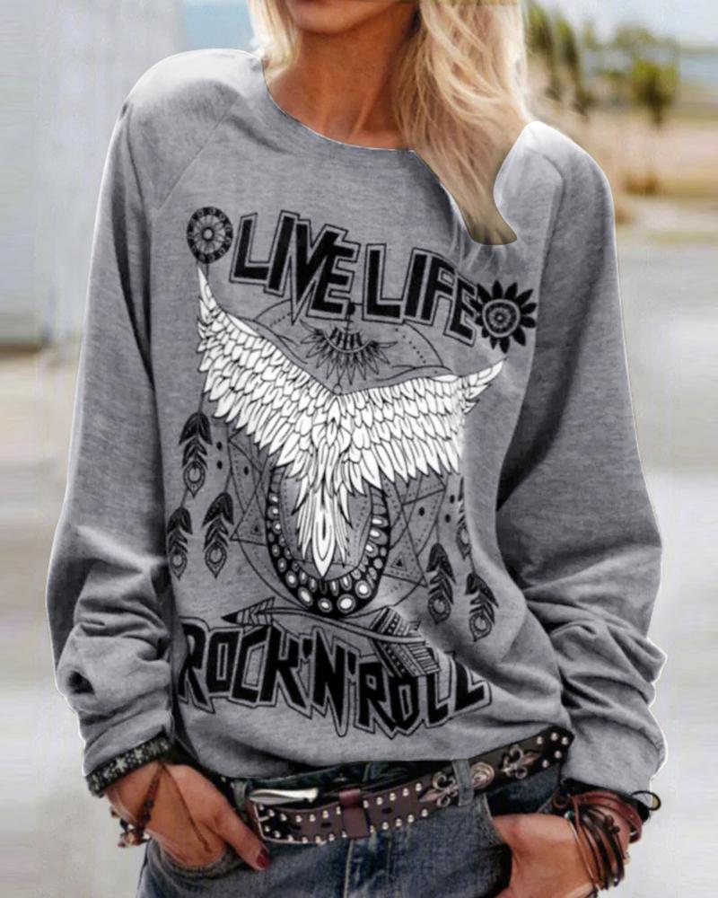 

Letter Eagle Print Long Sleeve Top, Dark grey