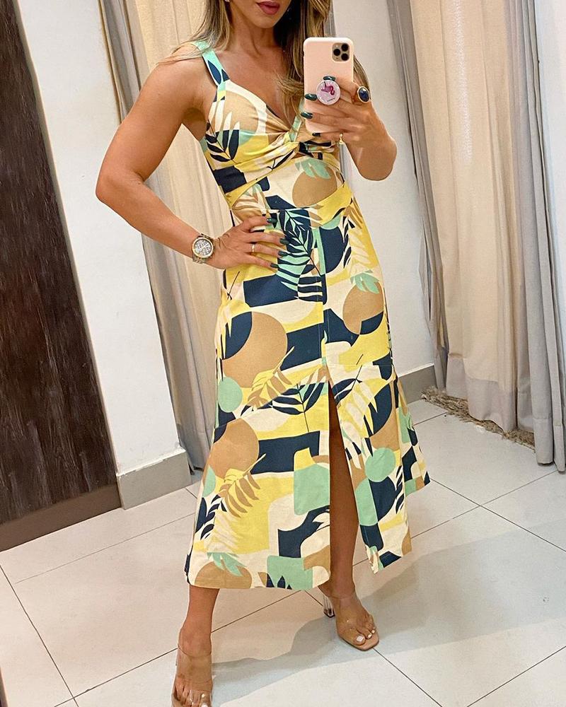 

Tropical Print Ruched Slit Maxi Dress, Multicolor