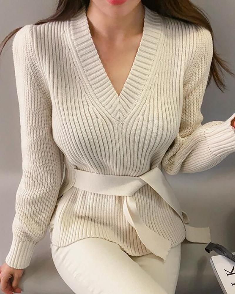 

Solid Long Sleeve Slit Knit Sweater, Beige