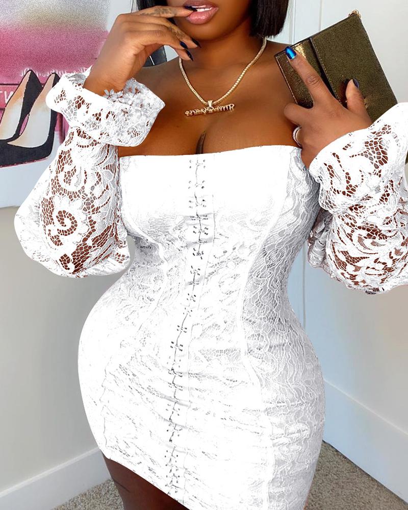 

Off Shoulder Eyelash Lace Bodycon Dress, White