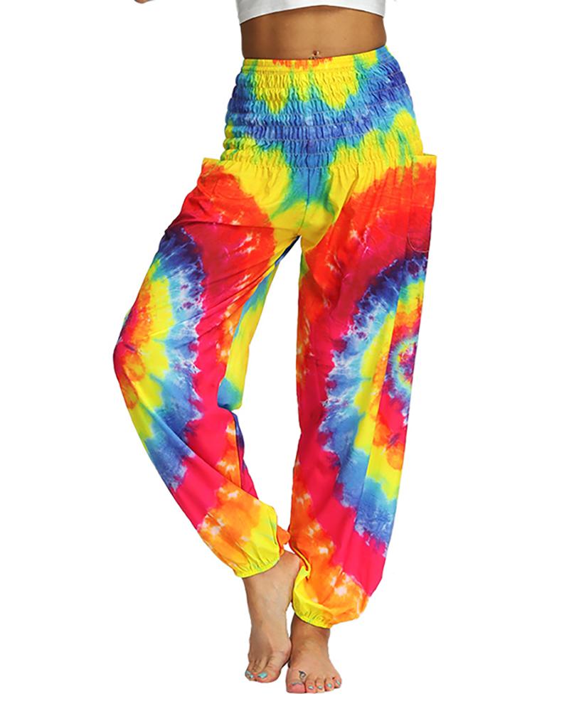 

Tie Dye Print Wide Leg High Waist Pocket Yoga Pants, Multicolor